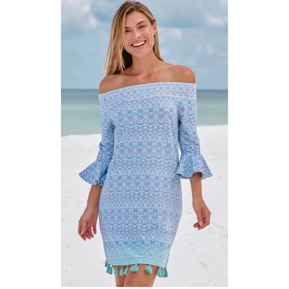 CABANA LIFE Naples Off The Shoulder Ruffle Tassel Dress Purple Green Small